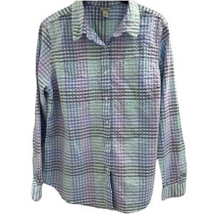 L.L. Bean Sz M Women's Seersucker Pastel Blouse Shirt Long Sleeve Summer Travel